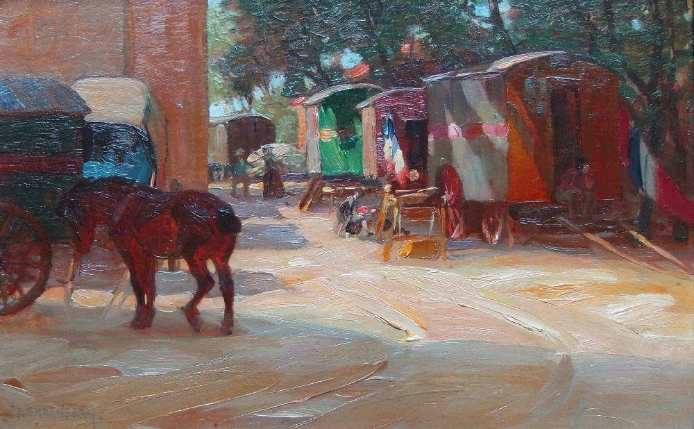 An impressionist oil painting depicting a horse standing near wooden traveller caravans with figures and French flags in a shaded outdoor setting.