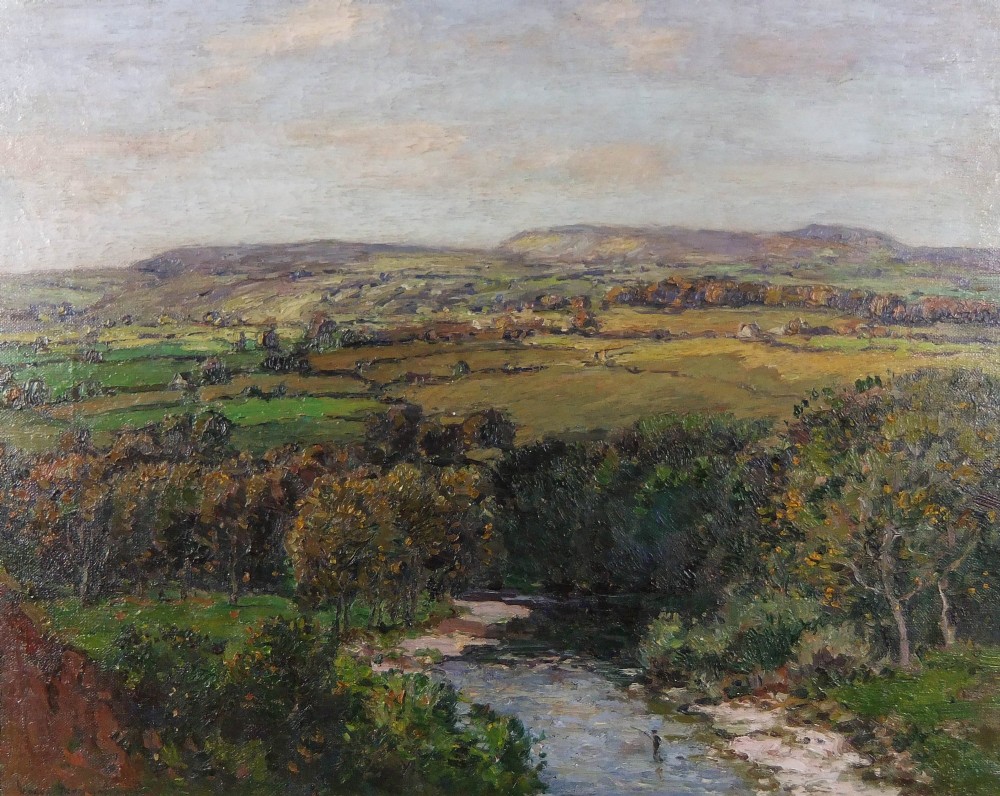 An antique oil painting depicting an expansive rural valley with fields, trees, and a winding river under a grey sky.