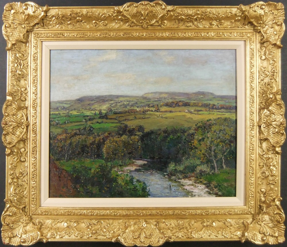 An antique oil painting depicting an expansive rural valley with fields, trees, and a winding river under a grey sky. View II