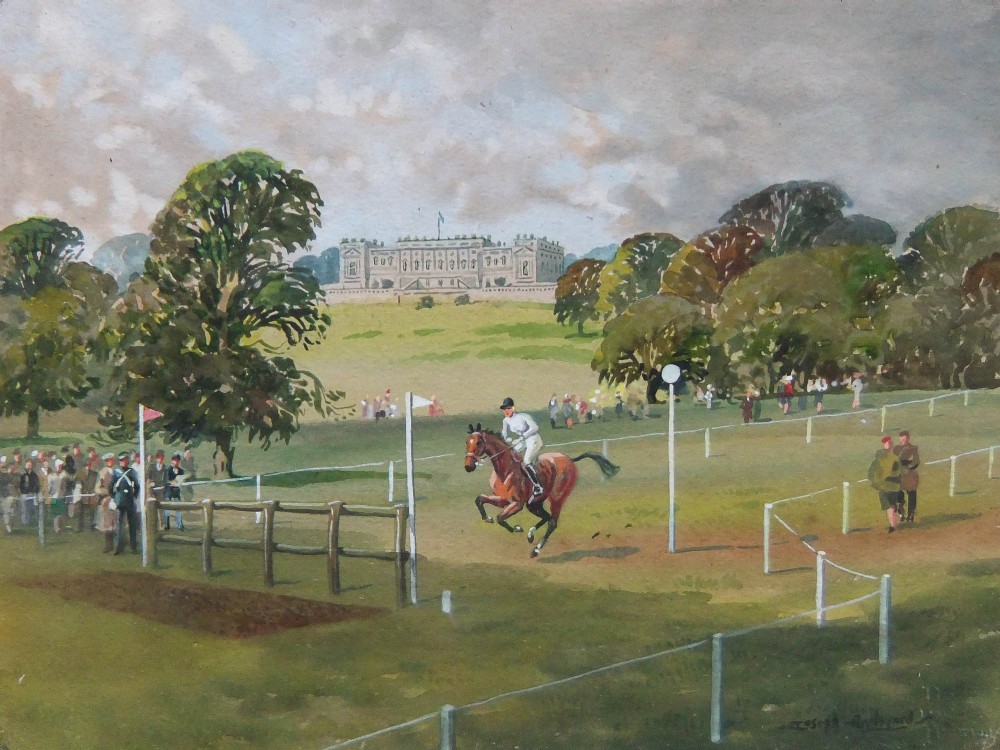 A watercolour painting depicting a horse and rider navigating an obstacle course in front of a grand country estate with spectators.