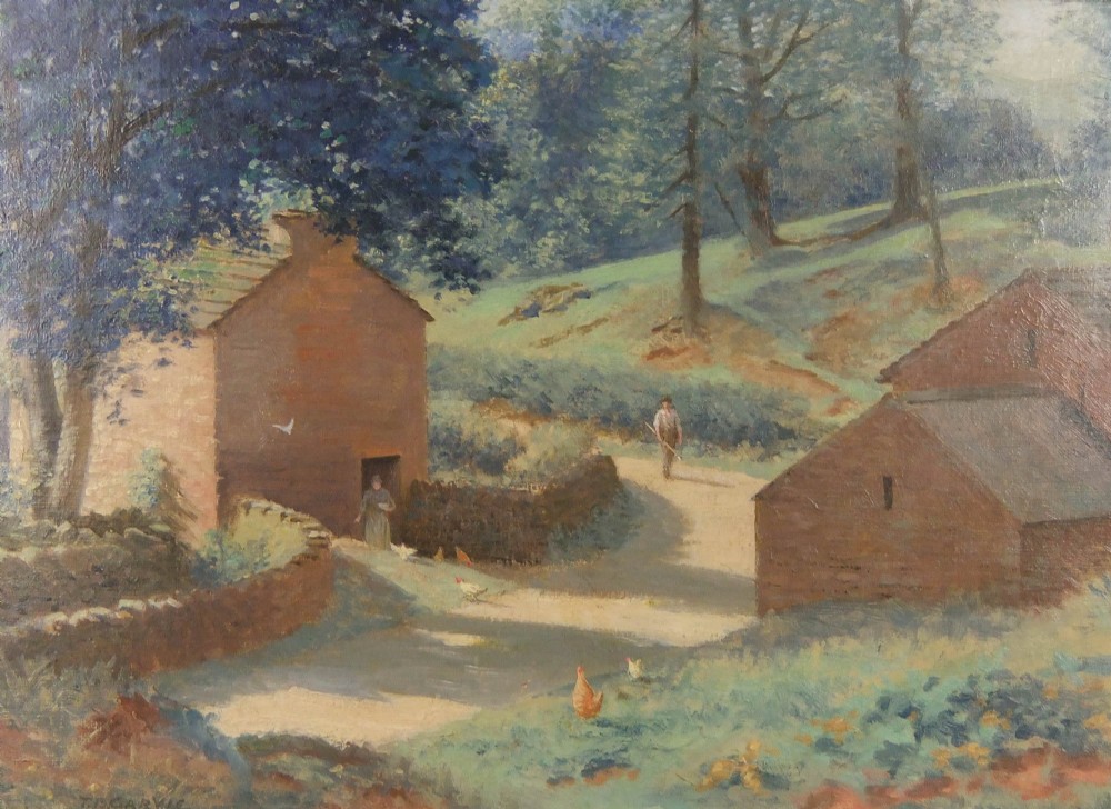 An oil painting depicting a rural dirt track running past stone farm buildings with trees, chickens, and two human figures.