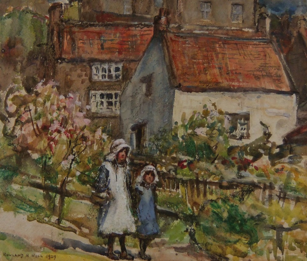 A watercolour painting depicting two young girls in traditional bonnets walking along a path past stone cottages with red terracotta roofs.