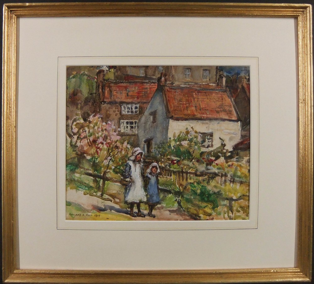 A watercolour painting depicting two young girls in traditional bonnets walking along a path past stone cottages with red terracotta roofs. View II