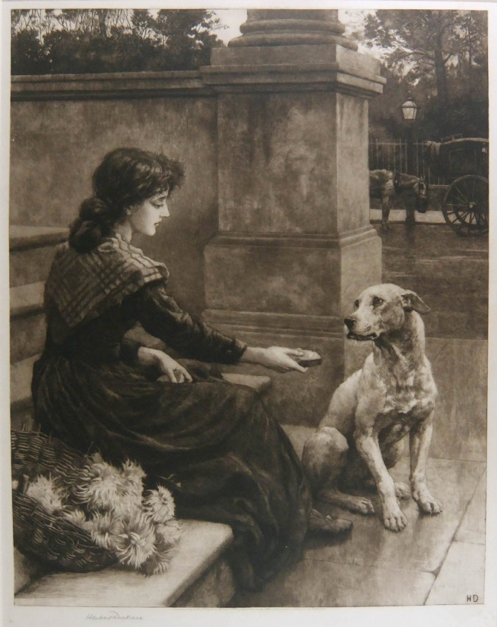 A monochrome sepia etching depicting a young woman seated on stone steps giving a piece of food to a dog.