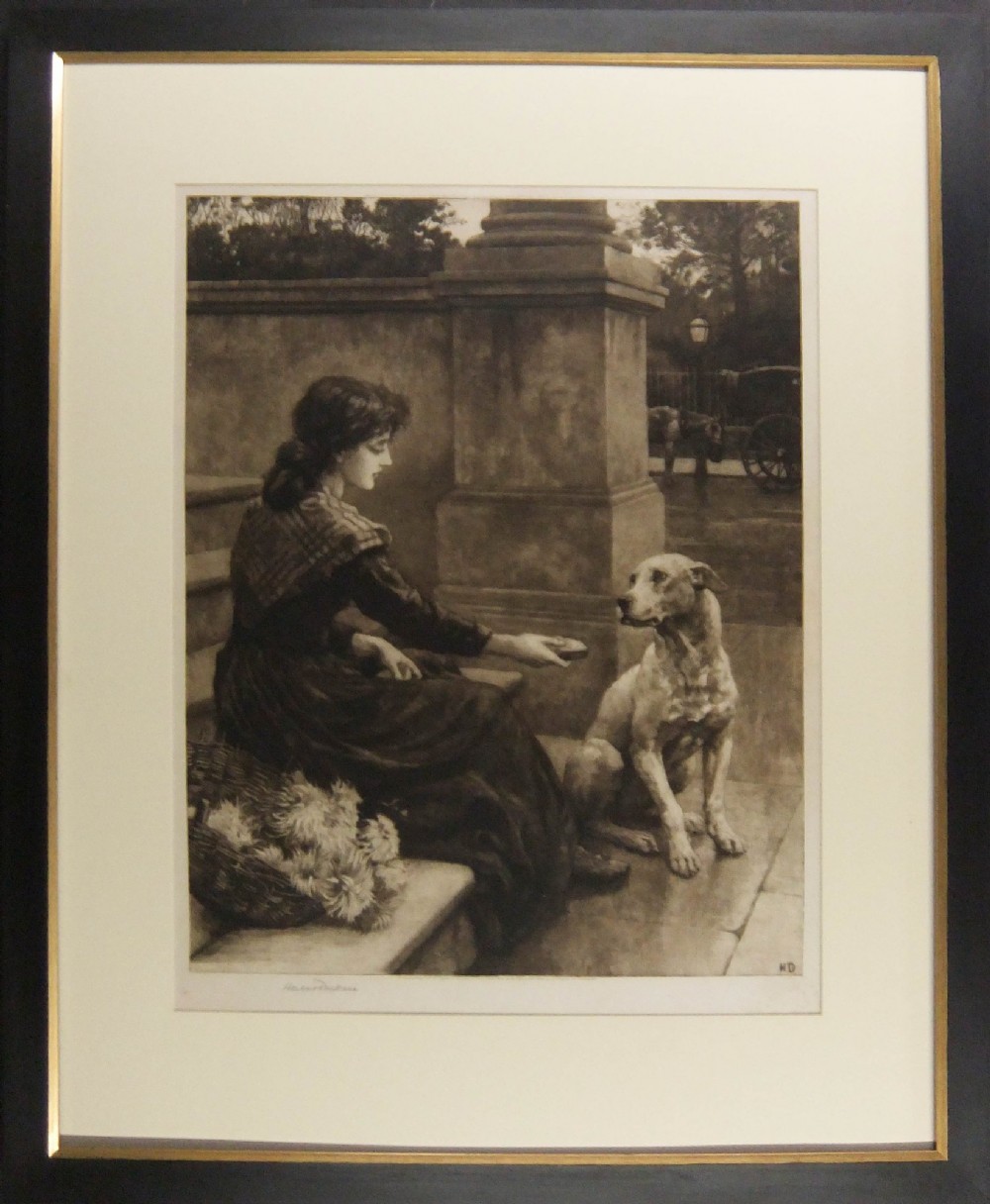 A monochrome sepia etching depicting a young woman seated on stone steps giving a piece of food to a dog. View II