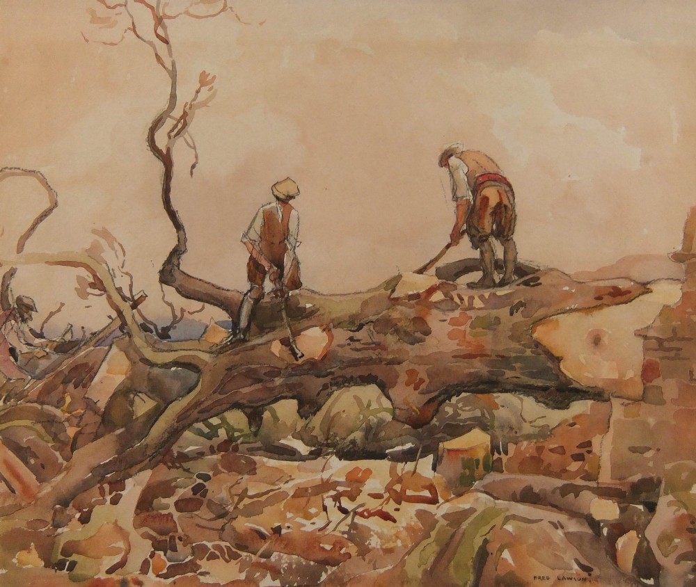 A watercolour painting by Fred Lawson depicting workers clearing a large fallen tree in a rural landscape.