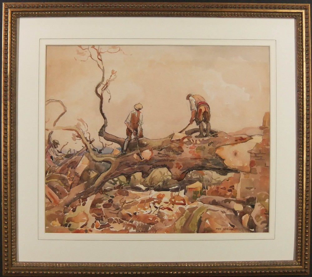 A watercolour painting by Fred Lawson depicting workers clearing a large fallen tree in a rural landscape. View II