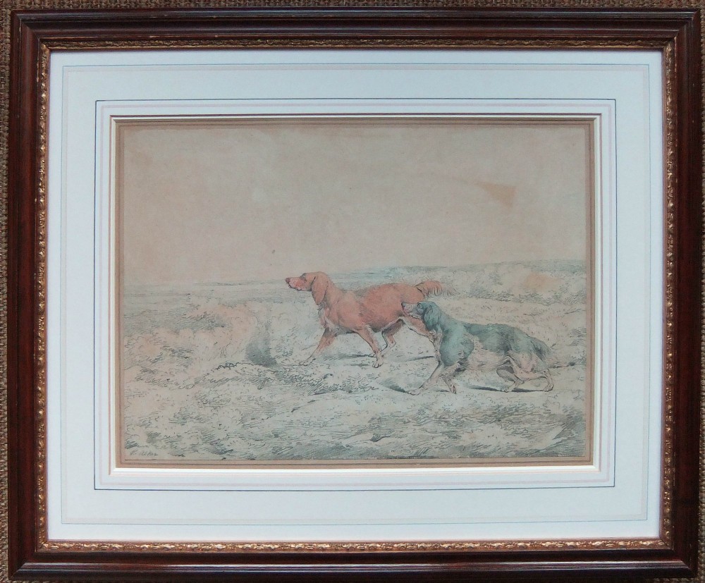A nineteenth-century pencil and watercolour drawing depicting two sporting setters running in profile across an open landscape, signed by Henry Alken. View II