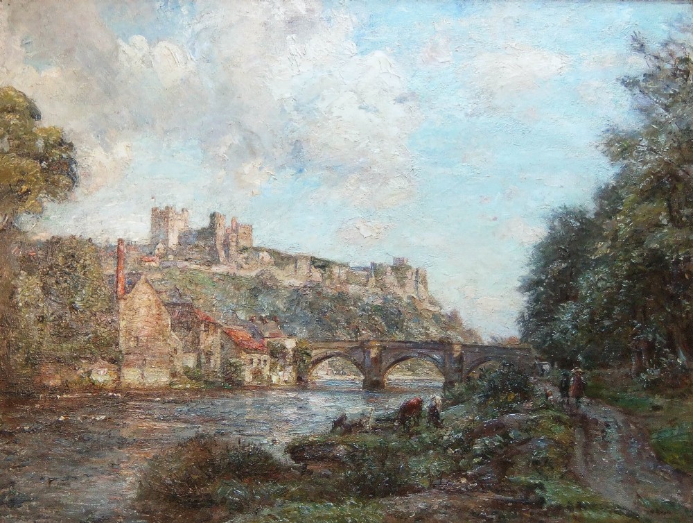 An oil painting depicting a multi-arched stone bridge across a river with a castle situated on a high hill under a cloudy sky.