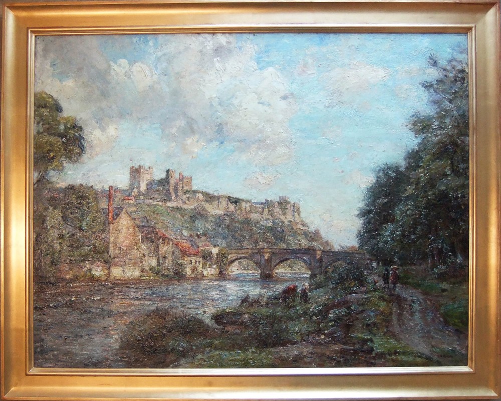 An oil painting depicting a multi-arched stone bridge across a river with a castle situated on a high hill under a cloudy sky. View II