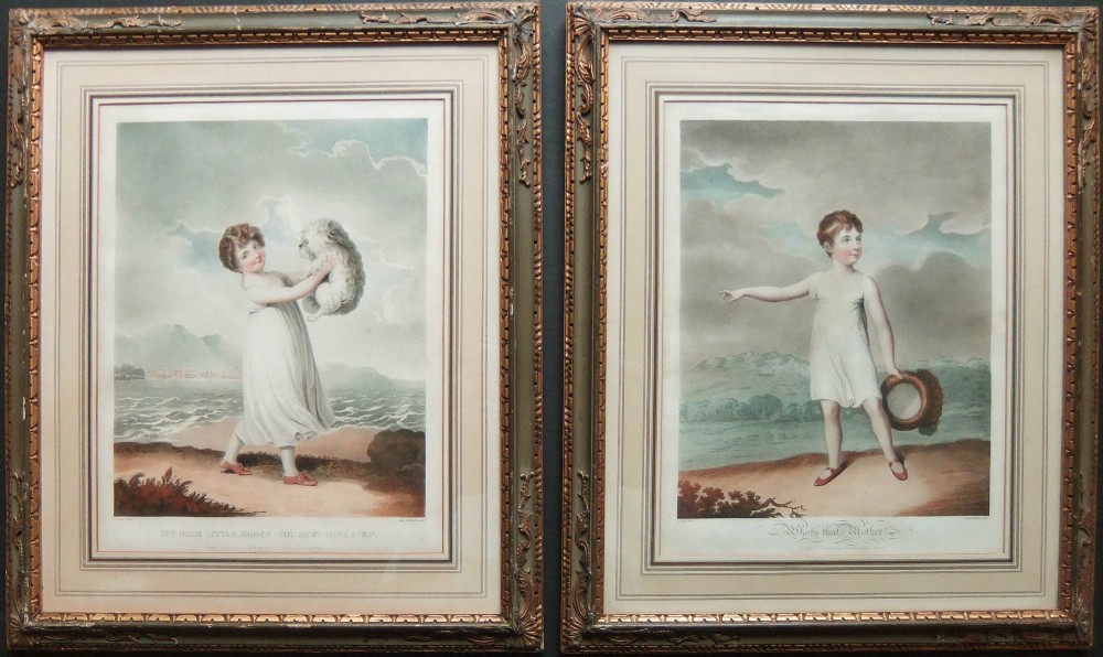 A framed early 19th-century colour engraving by Adam Buck depicting a child holding a dog near the sea, set within a glazed gilt wood frame. View II