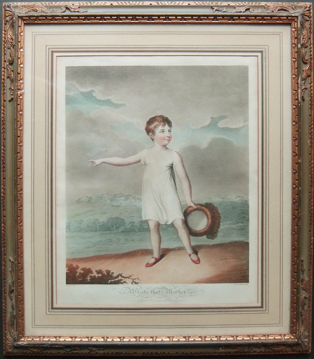 A framed early 19th-century colour engraving by Adam Buck depicting a child holding a dog near the sea, set within a glazed gilt wood frame. View IV