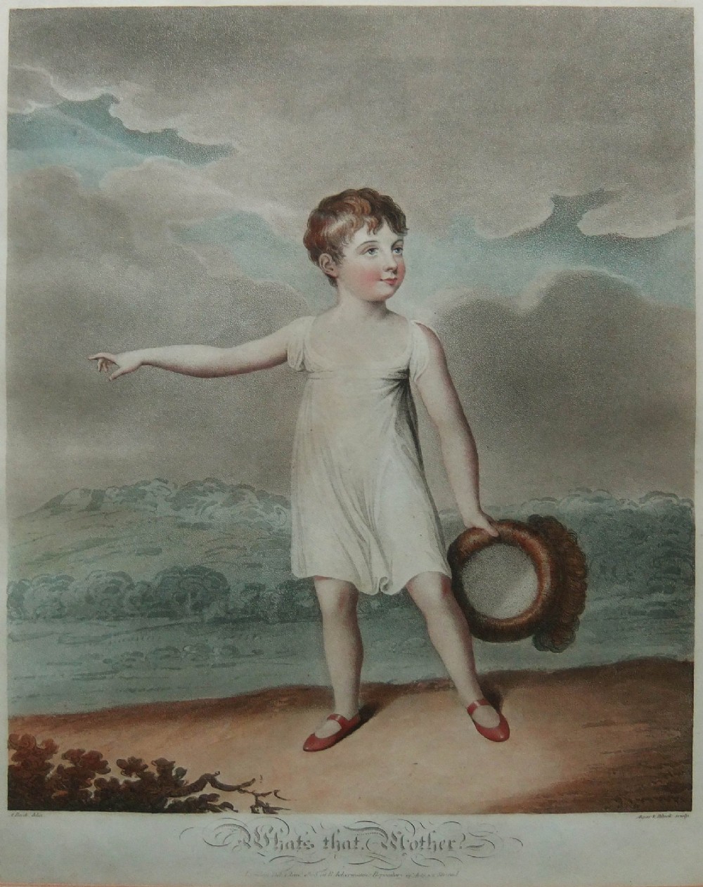 A framed early 19th-century colour engraving by Adam Buck depicting a child holding a dog near the sea, set within a glazed gilt wood frame. View V