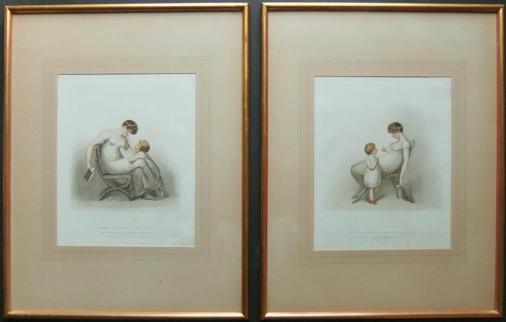 A pair of framed Regency stipple engravings in slim gilt frames depicting a mother and child in Neoclassical dress.