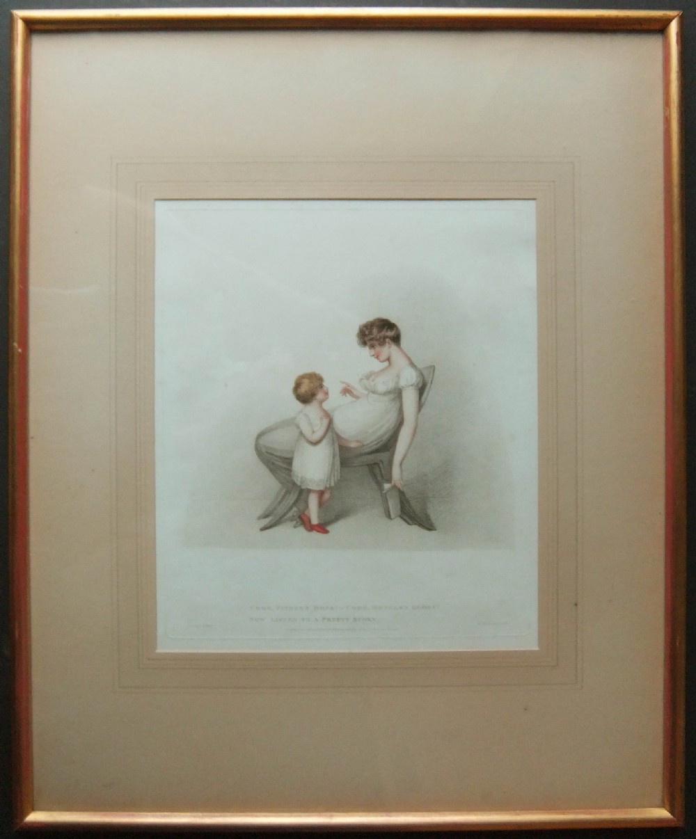 A pair of framed Regency stipple engravings in slim gilt frames depicting a mother and child in Neoclassical dress. View II