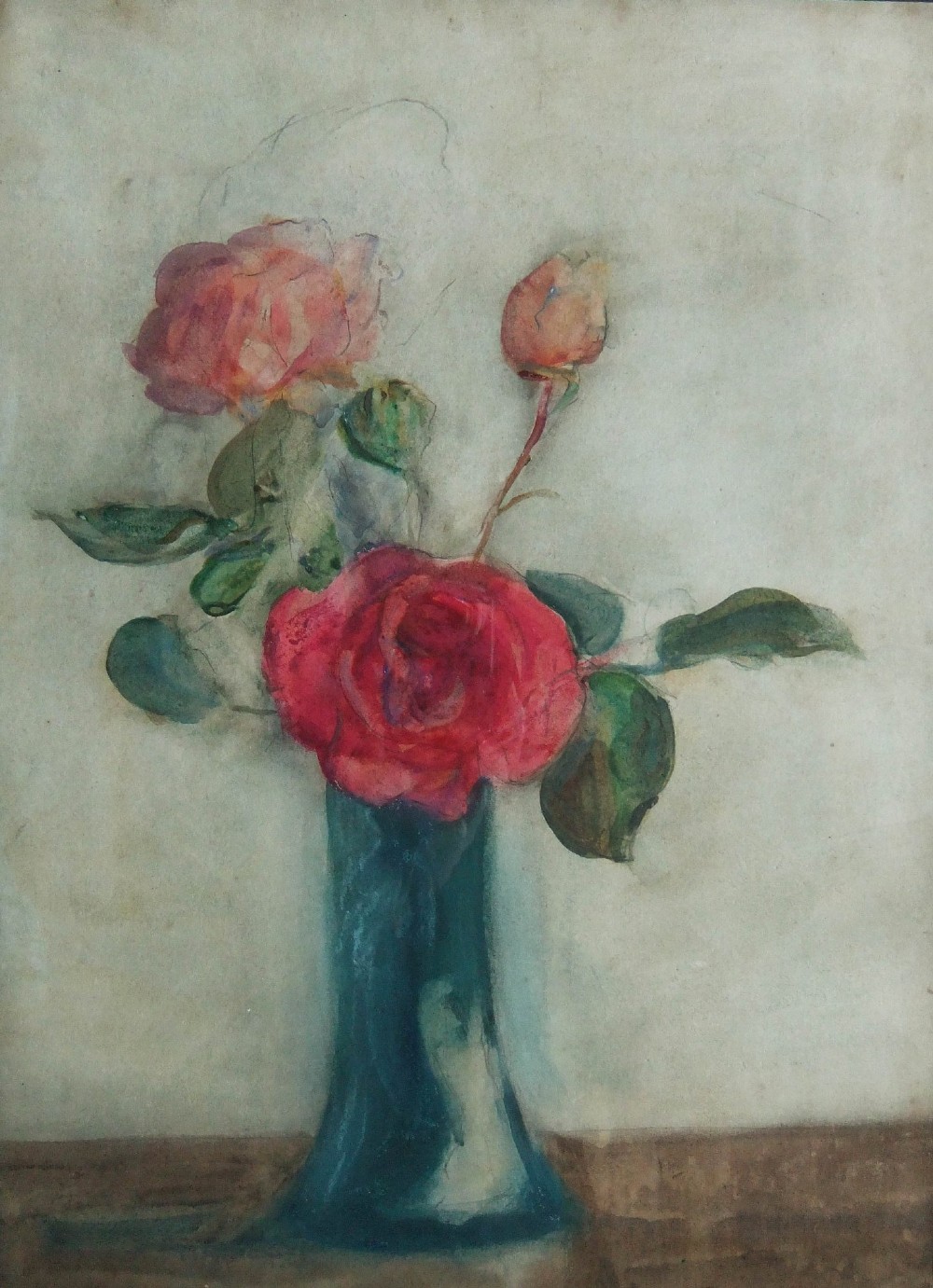 A watercolour still life painting depicting pink and red roses arranged in a slender blue-green vase against a muted parchment background.