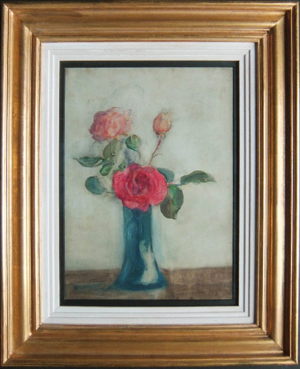 A watercolour still life painting depicting pink and red roses arranged in a slender blue-green vase against a muted parchment background. View II