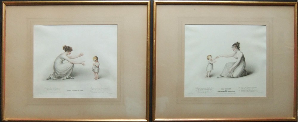 A pair of framed Regency period stipple engravings depicting a mother and child in neoclassical attire, set within wide mounts and gilt wooden frames.