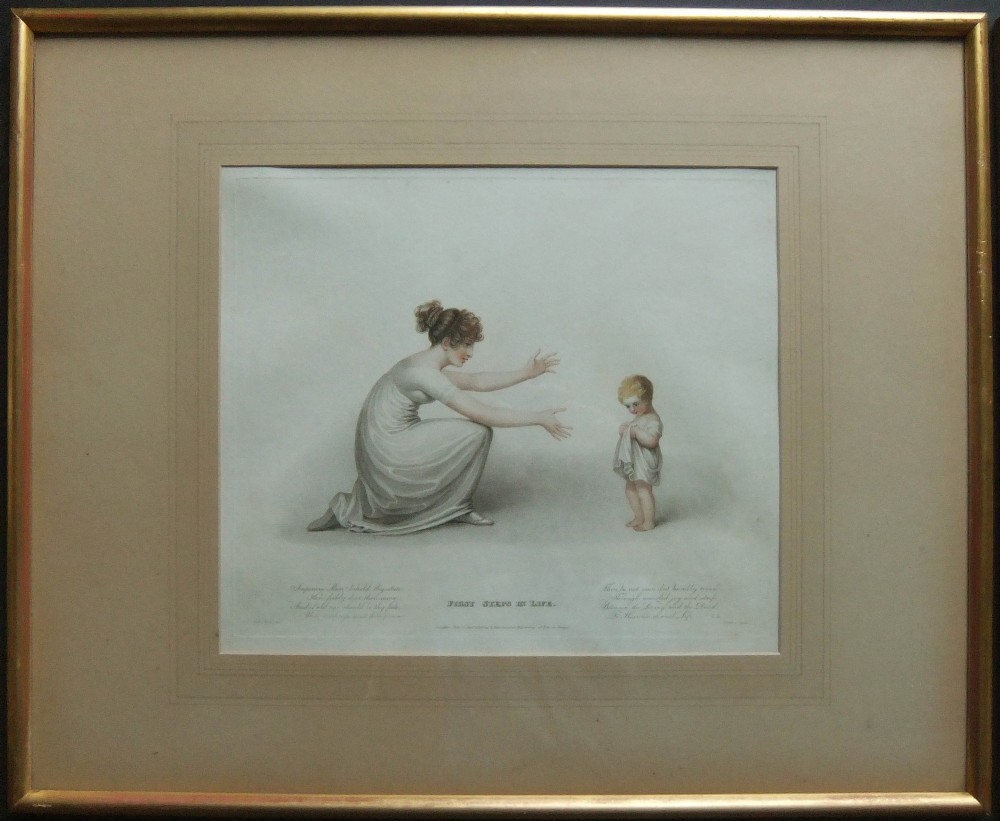A pair of framed Regency period stipple engravings depicting a mother and child in neoclassical attire, set within wide mounts and gilt wooden frames. View II