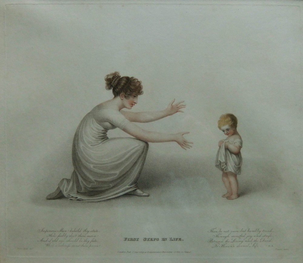 A pair of framed Regency period stipple engravings depicting a mother and child in neoclassical attire, set within wide mounts and gilt wooden frames. View III