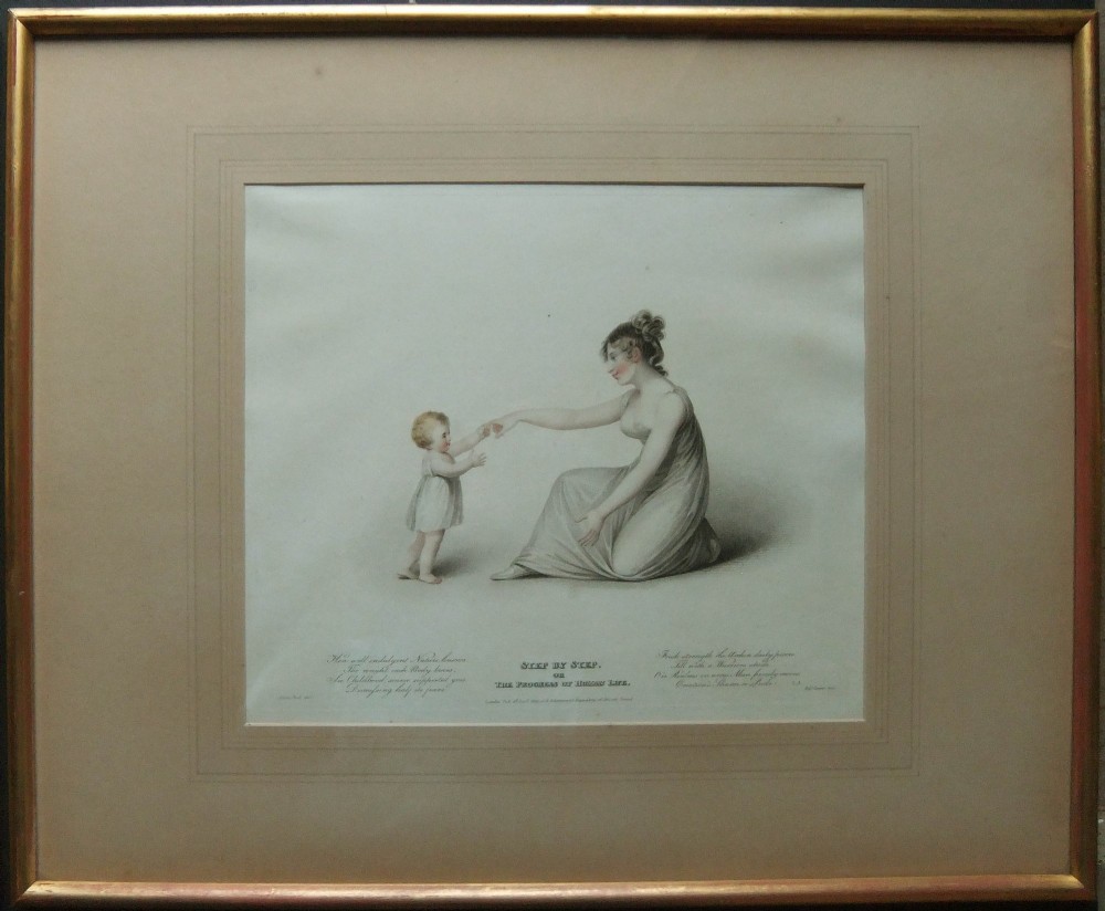 A pair of framed Regency period stipple engravings depicting a mother and child in neoclassical attire, set within wide mounts and gilt wooden frames. View IV