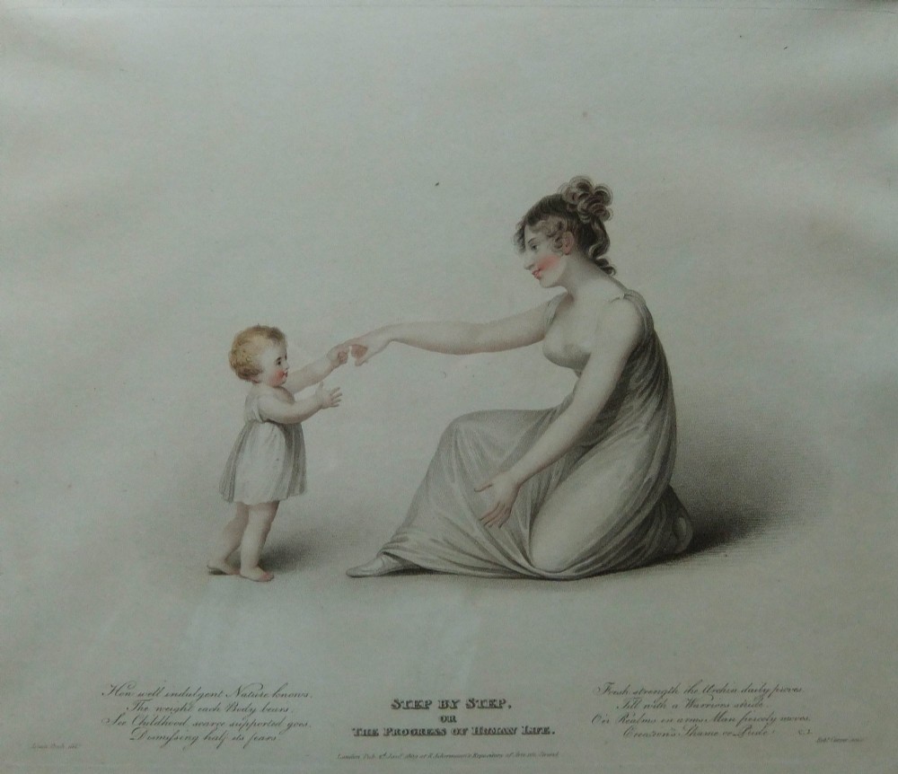 A pair of framed Regency period stipple engravings depicting a mother and child in neoclassical attire, set within wide mounts and gilt wooden frames. View V