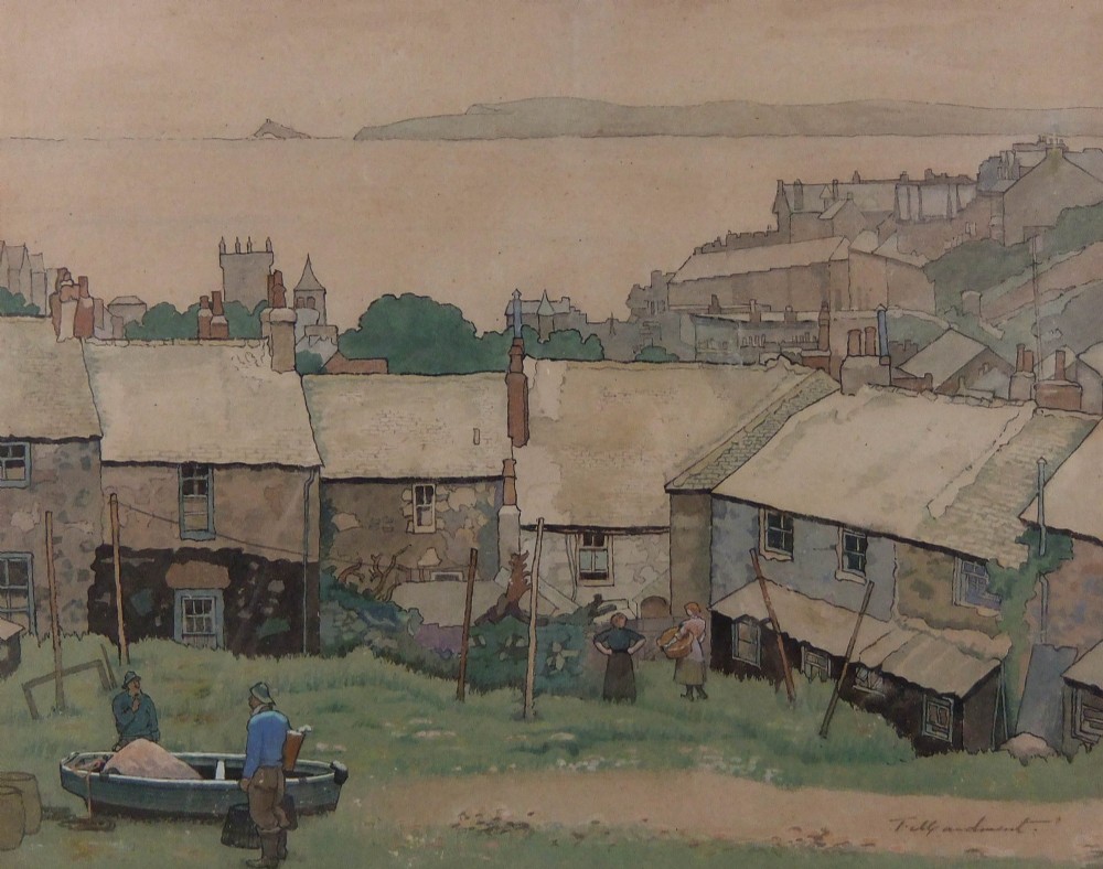A watercolour painting depicting stone cottages, figures, and a small boat overlooking the sea in St Ives.