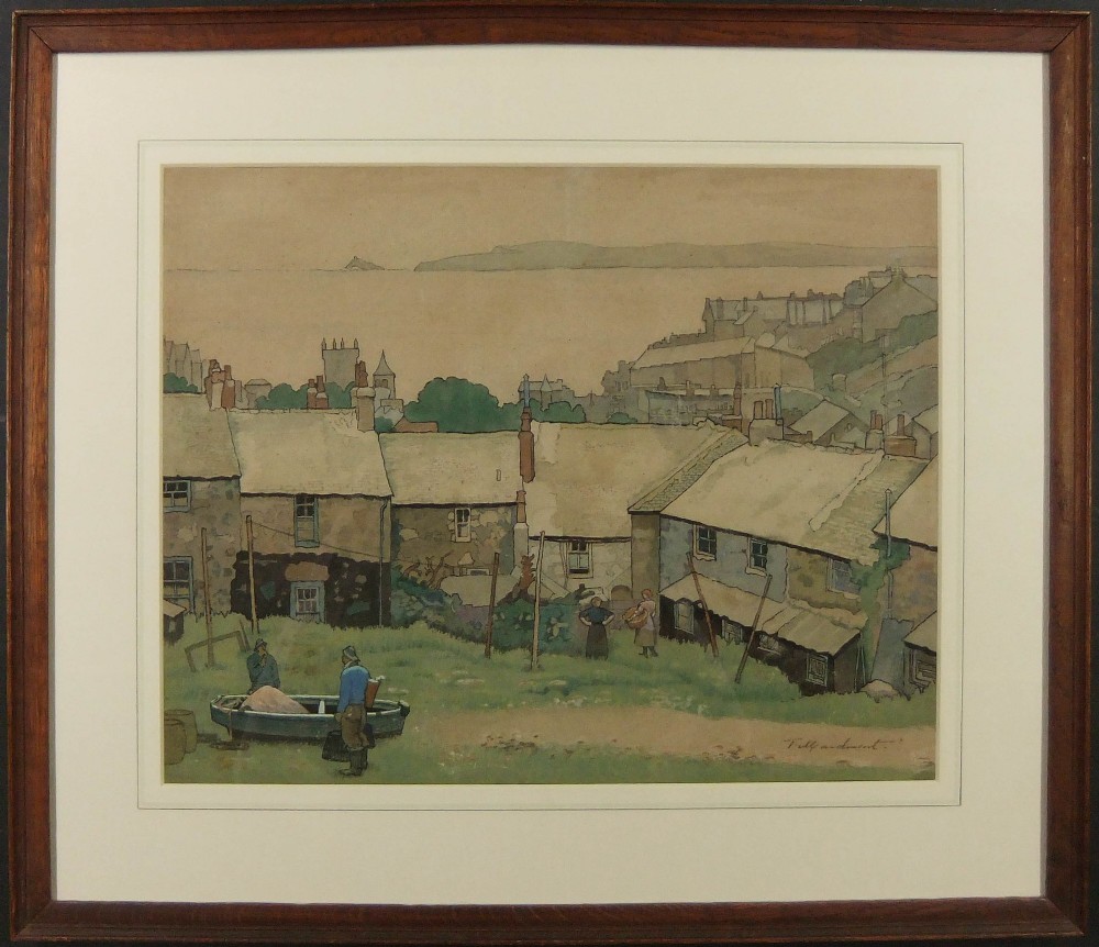 A watercolour painting depicting stone cottages, figures, and a small boat overlooking the sea in St Ives. View II