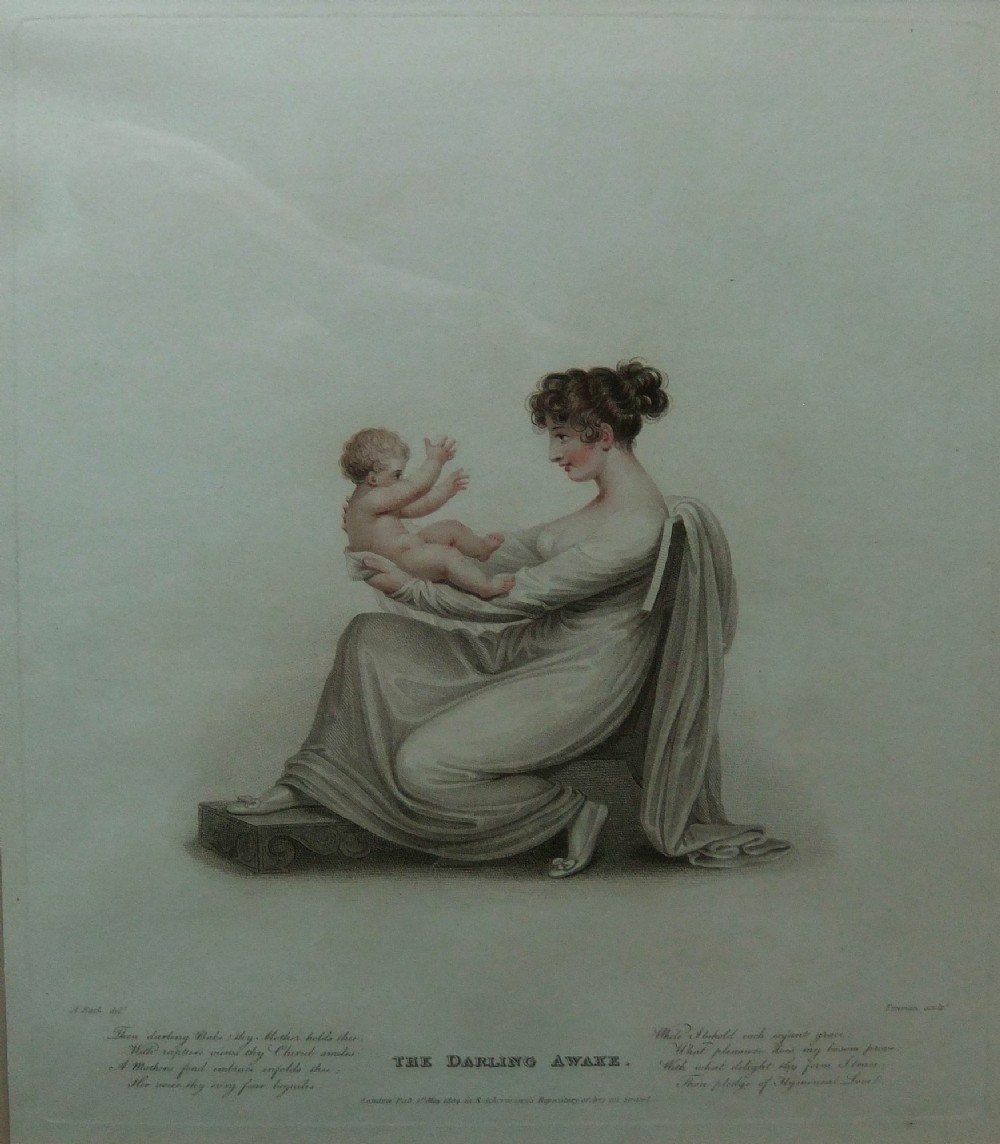 A pair of framed Regency stipple engravings depicting a mother and child in classical attire within gilt frames. View V