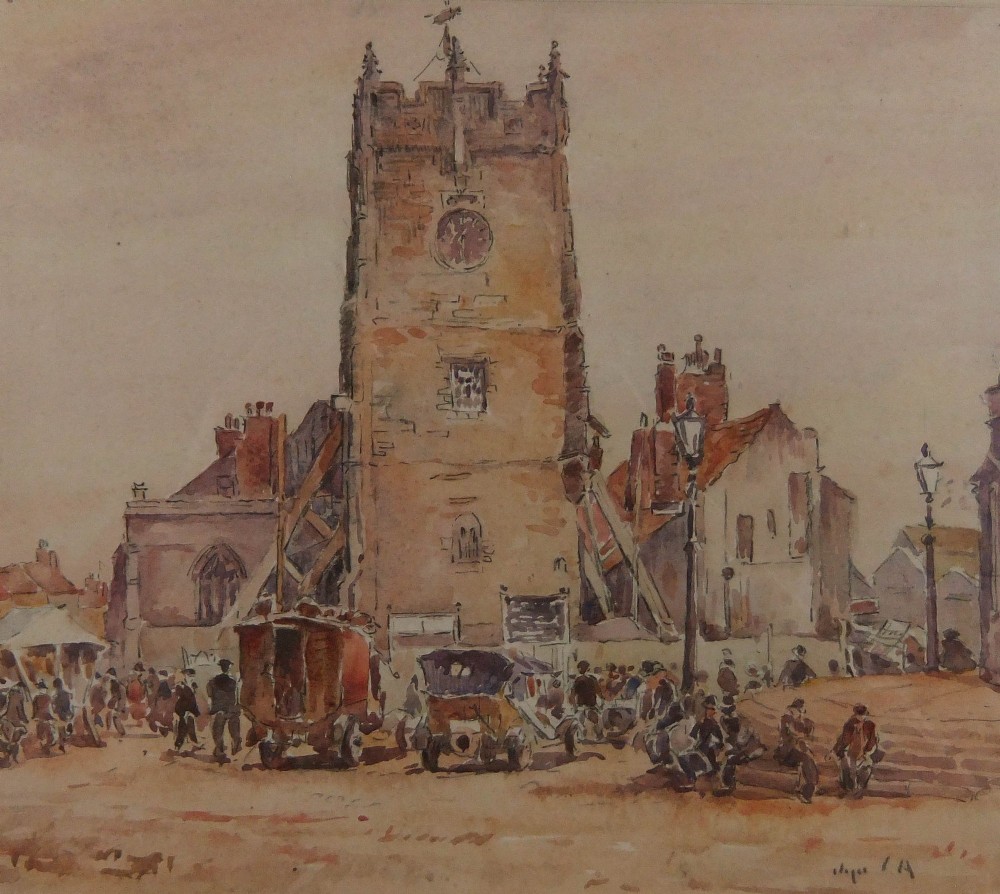 A watercolour painting depicting a market square with a tall stone clock tower, surrounding buildings, horse-drawn carriages, and small figures in warm sepia tones.
