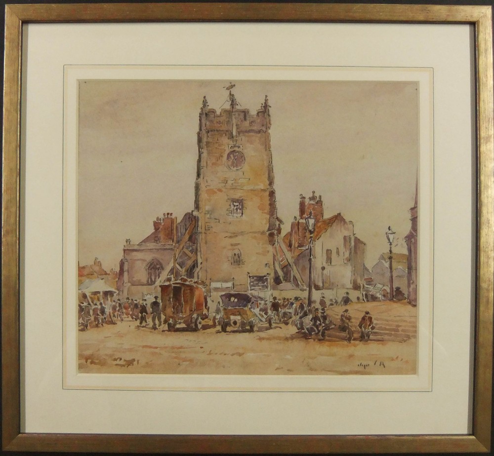 A watercolour painting depicting a market square with a tall stone clock tower, surrounding buildings, horse-drawn carriages, and small figures in warm sepia tones. View II