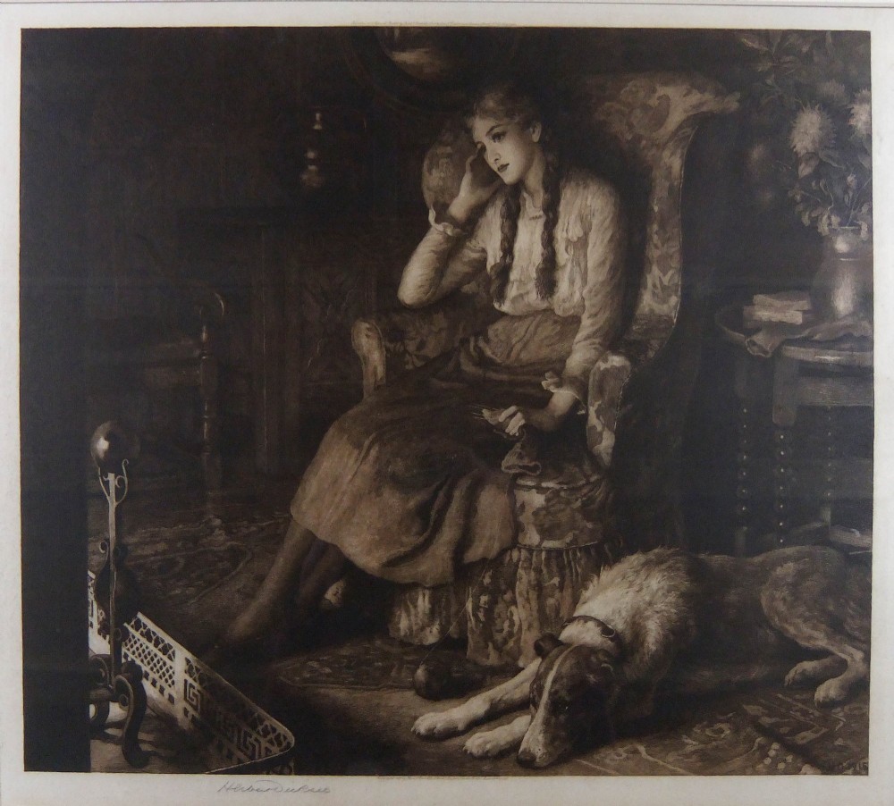 A monochrome antique etching depicting a young woman seated in an armchair by a fireplace with a dog resting on the rug beside her.