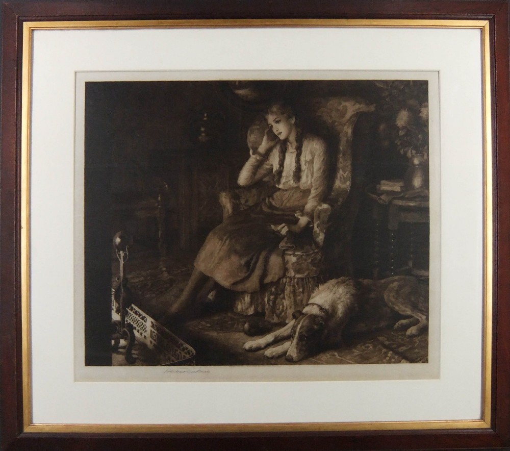 A monochrome antique etching depicting a young woman seated in an armchair by a fireplace with a dog resting on the rug beside her. View III