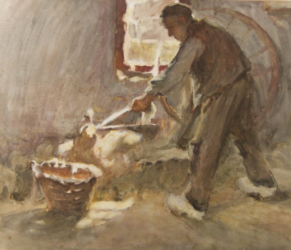 A watercolour painting depicting a blacksmith at work beside a forge inside a workshop.