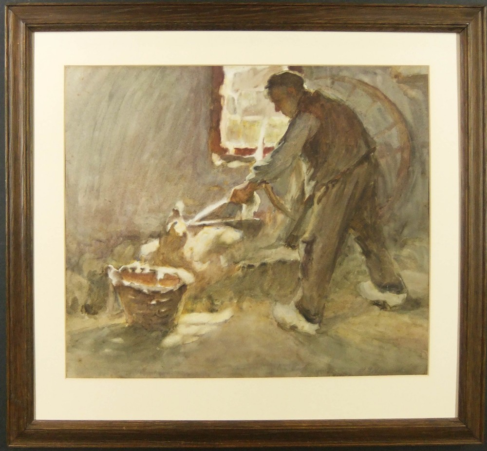 A watercolour painting depicting a blacksmith at work beside a forge inside a workshop. View II