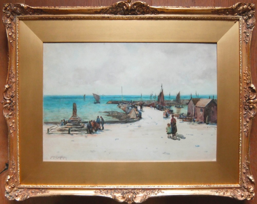 A watercolour painting depicting figures gathered near a stone pier and harbour with sailing boats under an overcast sky. View II
