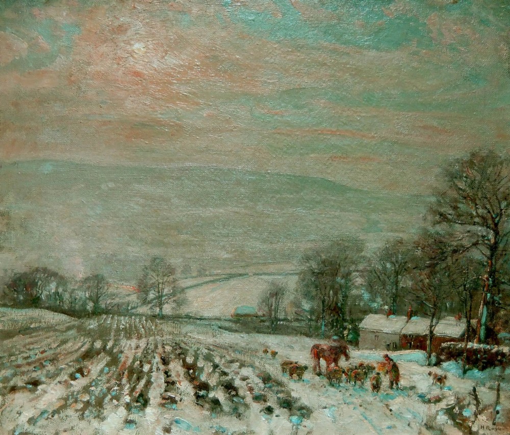 An oil painting on canvas depicting a snowy rural landscape with cattle and figures under a hazy pale sky by Herbert Royle.