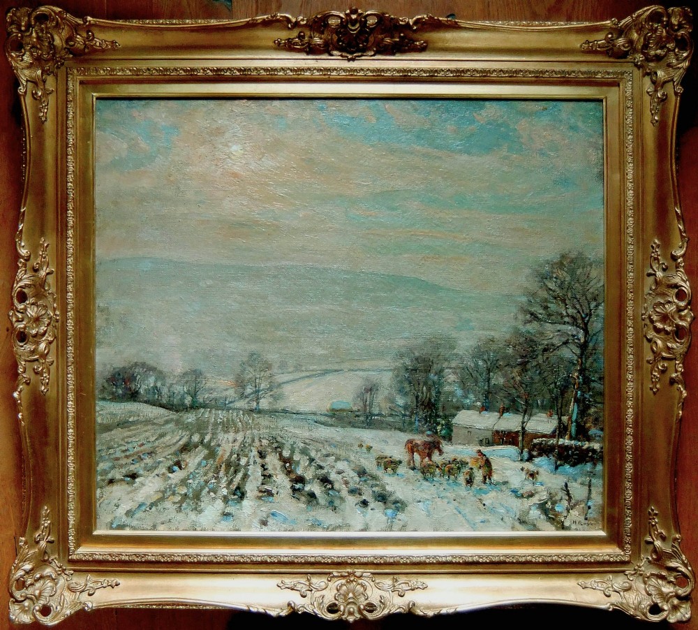 An oil painting on canvas depicting a snowy rural landscape with cattle and figures under a hazy pale sky by Herbert Royle. View II
