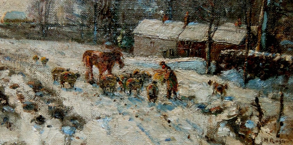 An oil painting on canvas depicting a snowy rural landscape with cattle and figures under a hazy pale sky by Herbert Royle. View III
