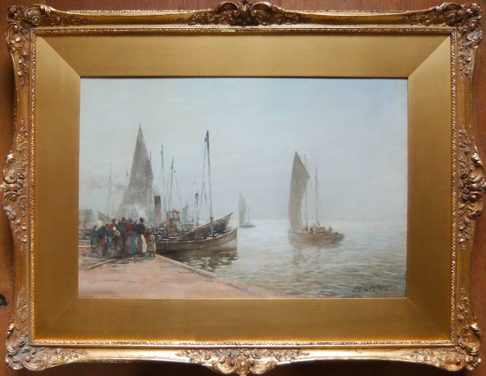 A watercolour painting depicting several sailing fishing vessels moored at a stone quay with figures gathered under a hazy, overcast sky. View II