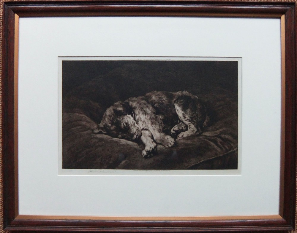 An original sepia etching depicting a terrier curled up sleeping on a large cushion, signed in pencil in the lower margin. View II