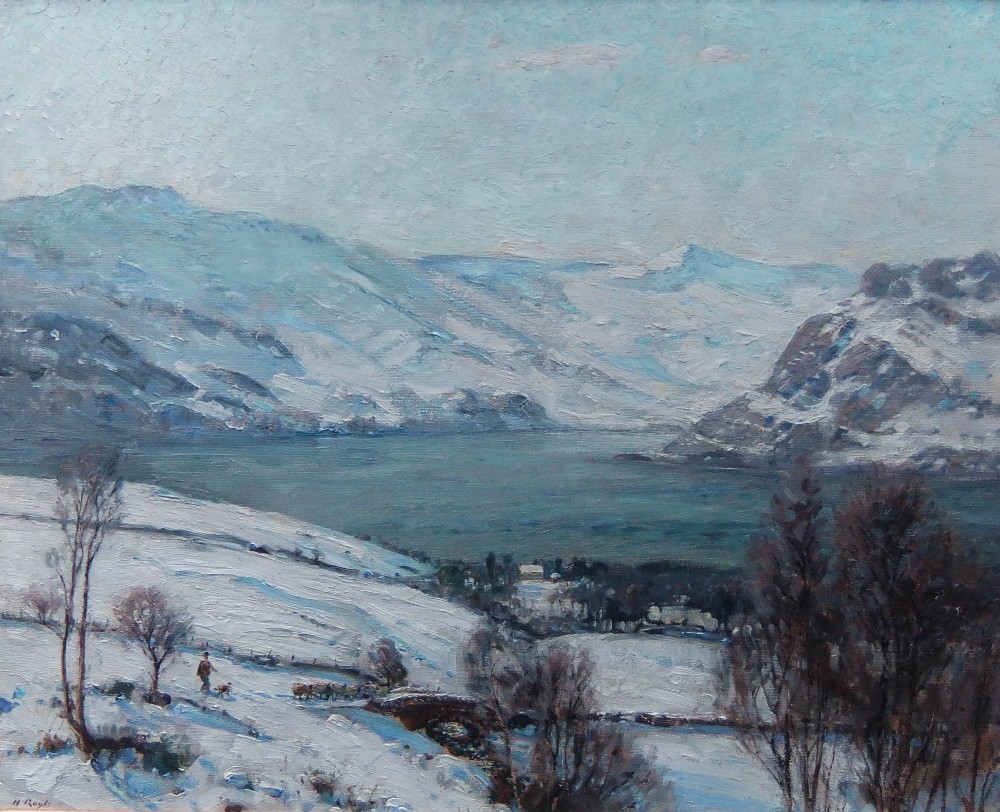 An impressionistic oil painting depicting a snow-covered Scottish loch and surrounding mountains on a crisp winter morning.
