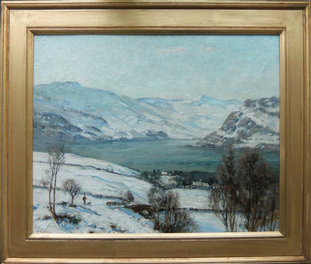 An impressionistic oil painting depicting a snow-covered Scottish loch and surrounding mountains on a crisp winter morning. View II