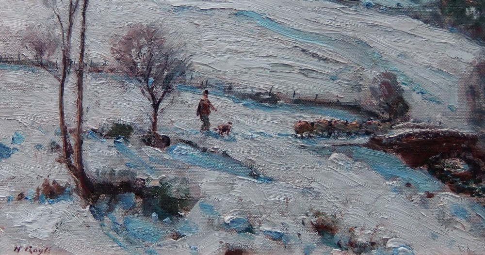 An impressionistic oil painting depicting a snow-covered Scottish loch and surrounding mountains on a crisp winter morning. View III
