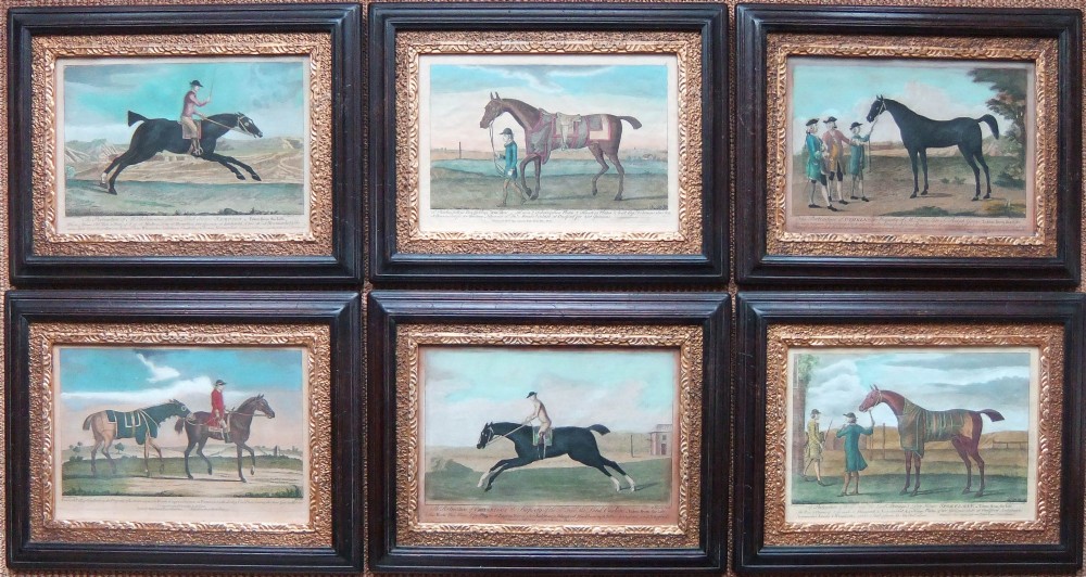 A grid of six framed 18th-century engravings depicting racehorses and jockeys in dark timber frames with ornate gold slips.