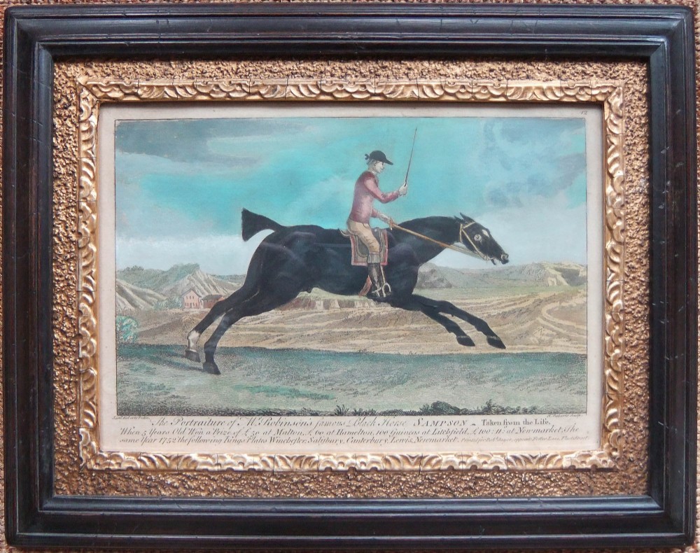 A grid of six framed 18th-century engravings depicting racehorses and jockeys in dark timber frames with ornate gold slips. View II