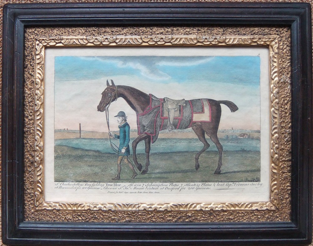 A grid of six framed 18th-century engravings depicting racehorses and jockeys in dark timber frames with ornate gold slips. View III