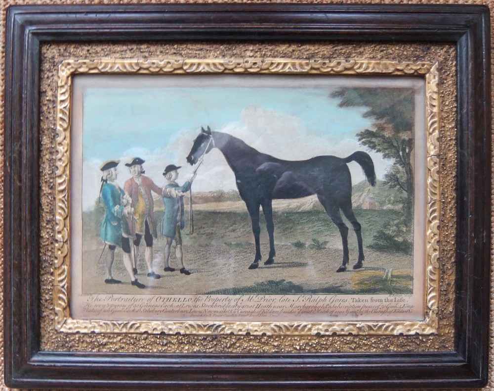 A grid of six framed 18th-century engravings depicting racehorses and jockeys in dark timber frames with ornate gold slips. View IV