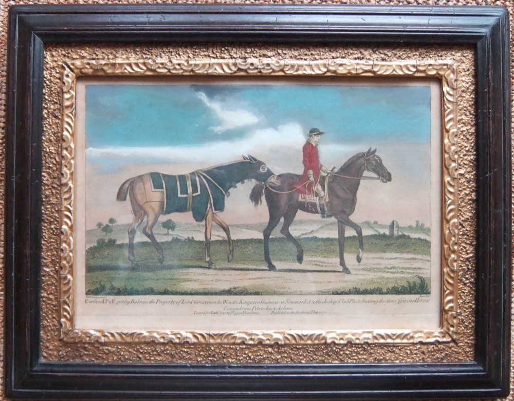 A grid of six framed 18th-century engravings depicting racehorses and jockeys in dark timber frames with ornate gold slips. View V