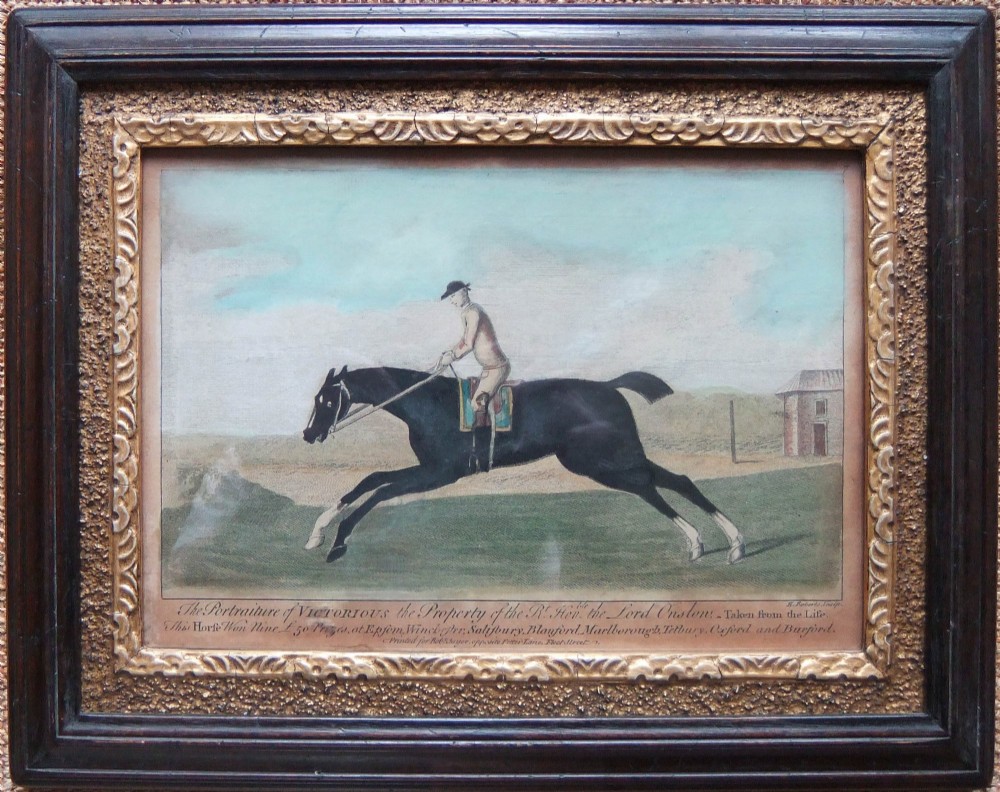 A grid of six framed 18th-century engravings depicting racehorses and jockeys in dark timber frames with ornate gold slips. View VI